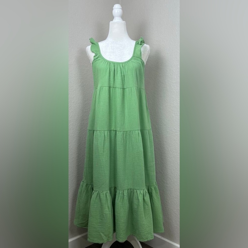 Marine Layer Womens M Jude Flutter Sleeve Green Tiered Midi Cotton Gauze Dress